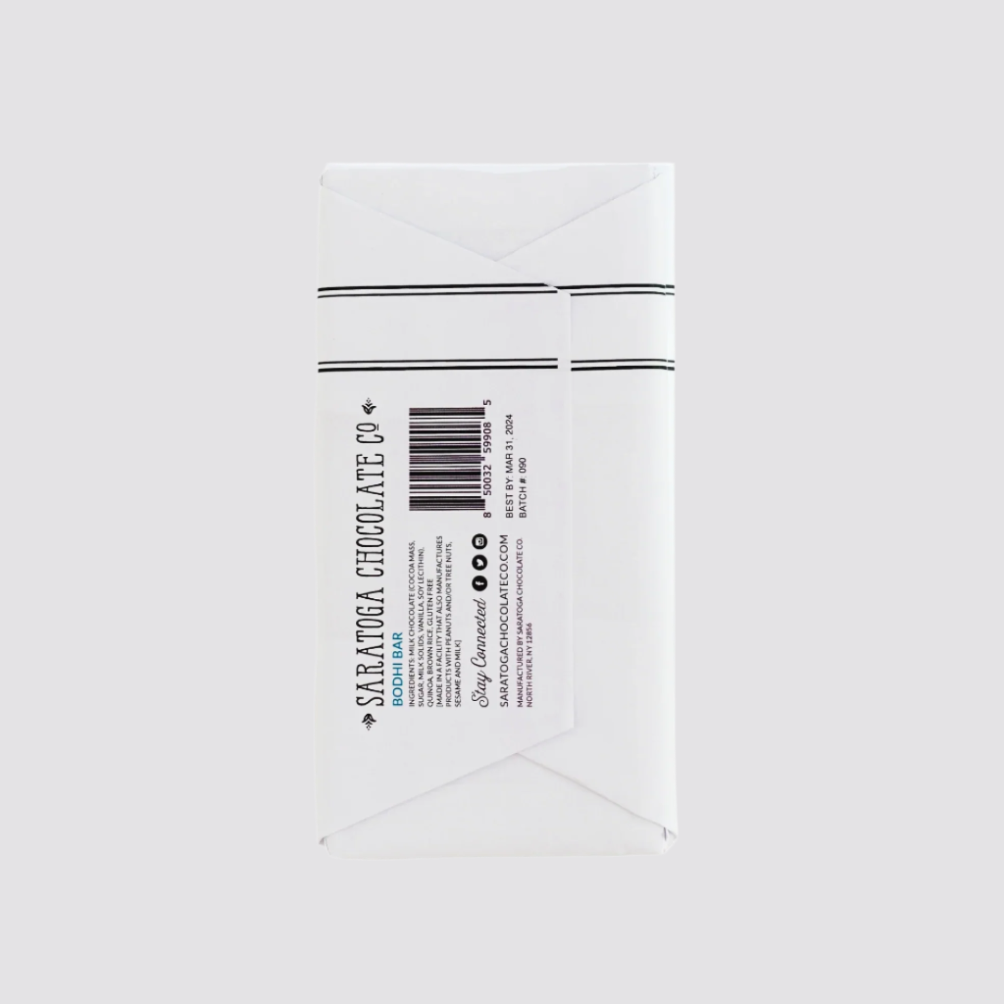 Back of Saratoga Chocolate Co. Bodhi Bar packaging displaying ingredients list, nutrition facts, social media icons, and the Saratoga Chocolate Co. website address. This bar is gluten free.