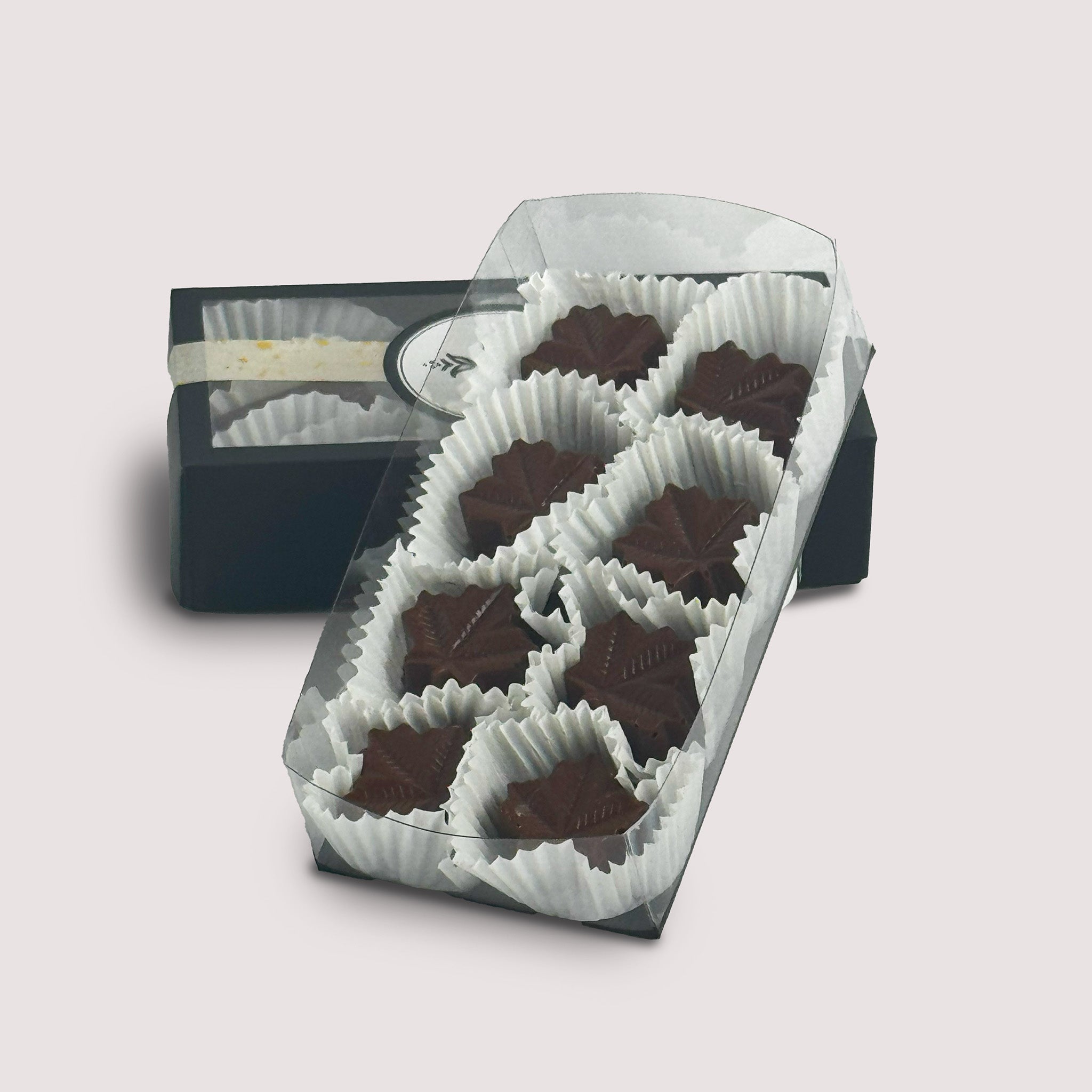 Eight maple leaf–shaped Maple Pecan Praline Truffles with white paper cups in a black box with clear lid and Saratoga Chocolate logo, displayed on a neutral background.