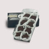 Eight maple leaf–shaped Maple Pecan Praline Truffles with white paper cups in a black box with clear lid and Saratoga Chocolate logo, displayed on a neutral background.
