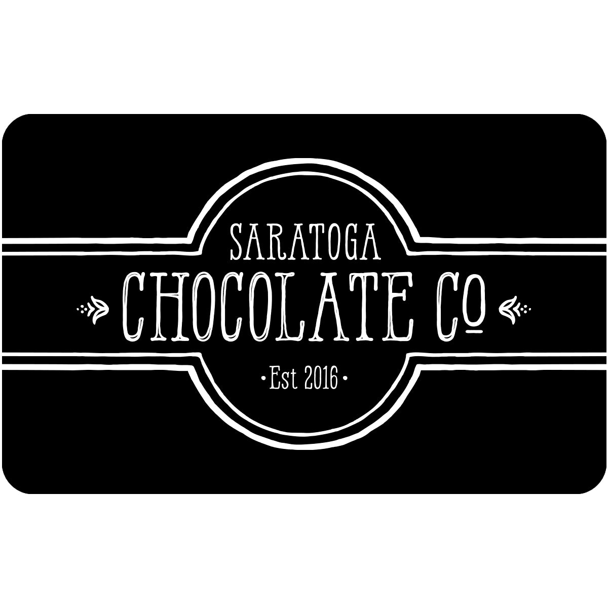 Black Saratoga Chocolate Co. gift card with white logo, displayed on a light neutral background.