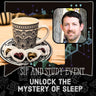 Café setting with a coffee mug and truffles and Professor photo, promotional text for 'Sip and Study Event' on sleep.